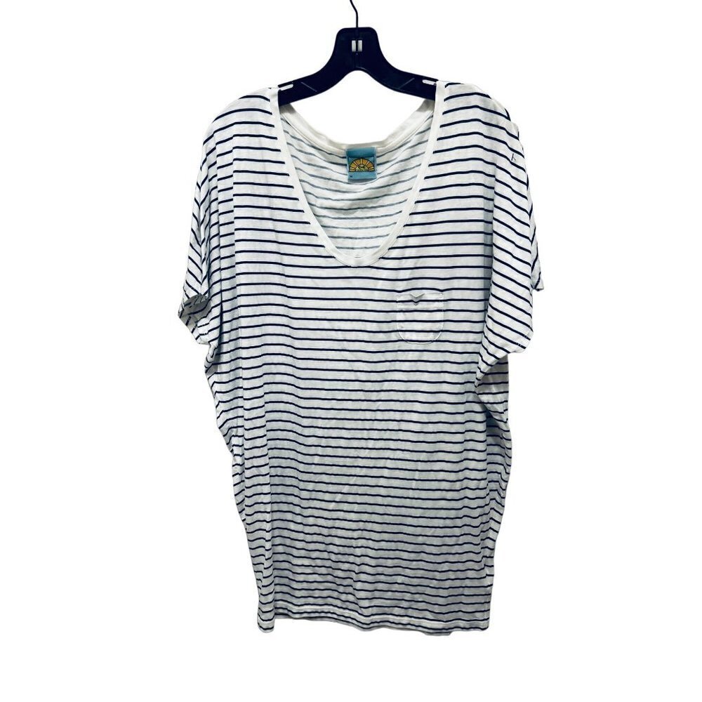 C&C California Oversized T-Shirt Tunic White Blue Stripes Front Pocket Size Med